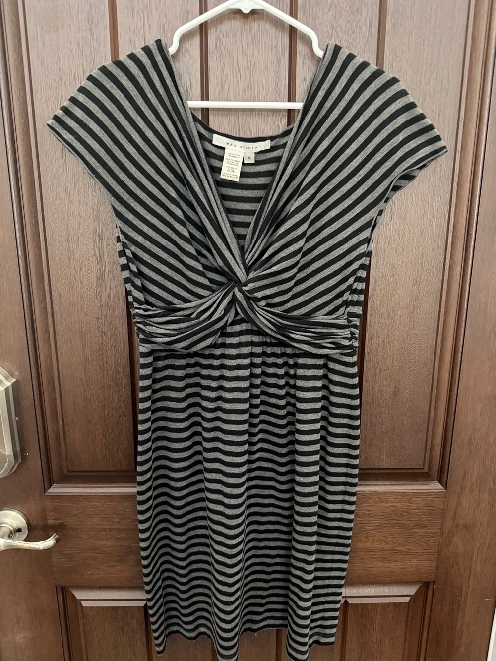 Max Studio Black & Gray Striped Knot-Front Midi Dress